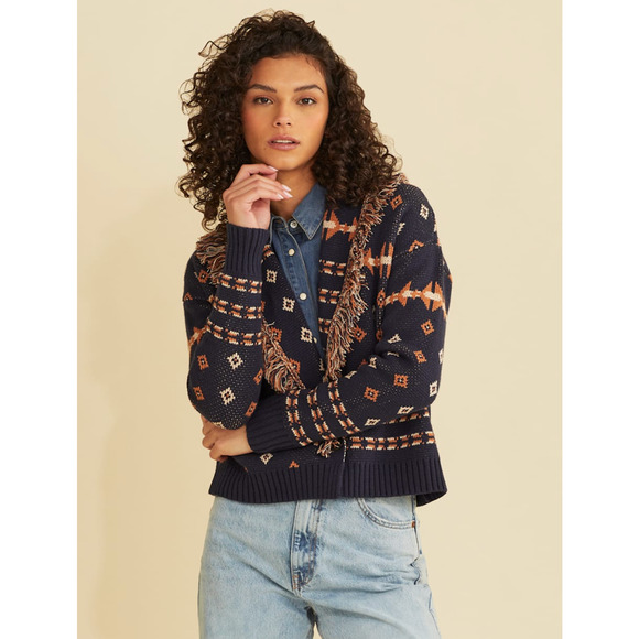Pendleton Navy and Brown Fringed Cotton Wool Blend Cardigan Women's Size Large‎ - Picture 1 of 10